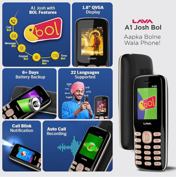 Lava A1 Josh (with BOL Feature) Dual Sim Keypad Mobile Phone | Long-Lasting Battery |22 Launguages Read Support | Auto Call Recording | Call Blink Notification (Black Gold) - Image 4